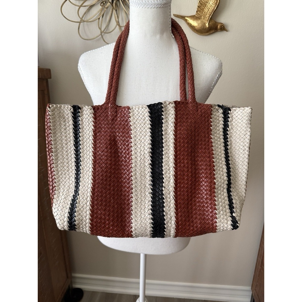 Madewell Signature Woven Tote Dusty Redwood Multi Leather Stripe Large Bag - Picture 2 of 11